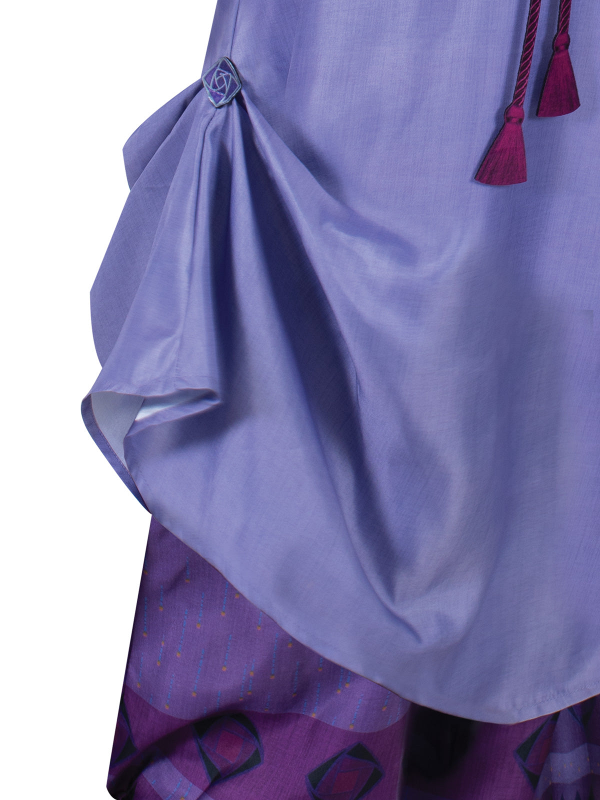 Purple Disney princess costume for kids with belt, perfect for dress-up play at home.