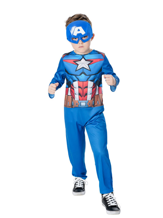 Captain America Kids Costume with Mask - Official Marvel Superhero Jumpsuit for Playtime Fun.