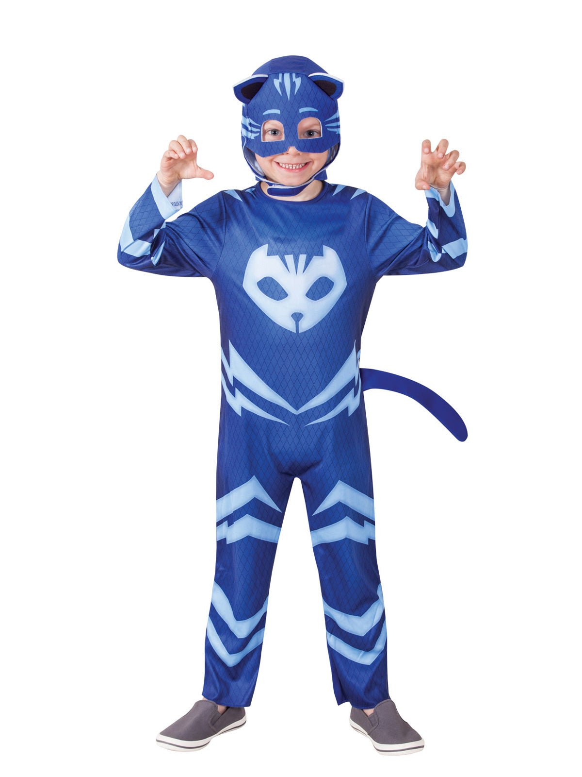 Blue PJ Masks Catboy costume features jumpsuit with attached tail and cat ears for superhero playtime adventures.