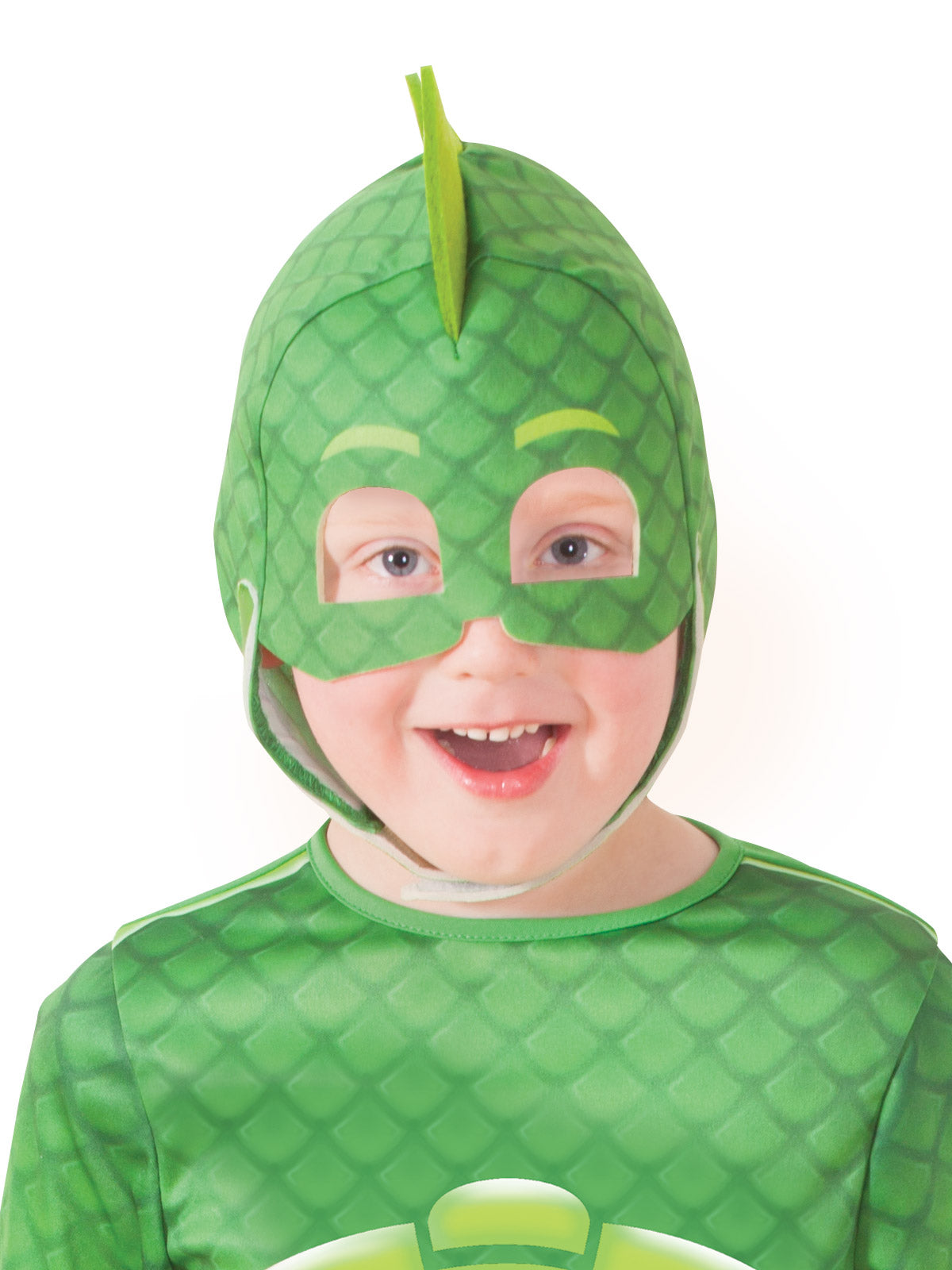 Green PJ Masks Gekko costume features jumpsuit with 3D reptile fin, perfect for superhero dress-up play.