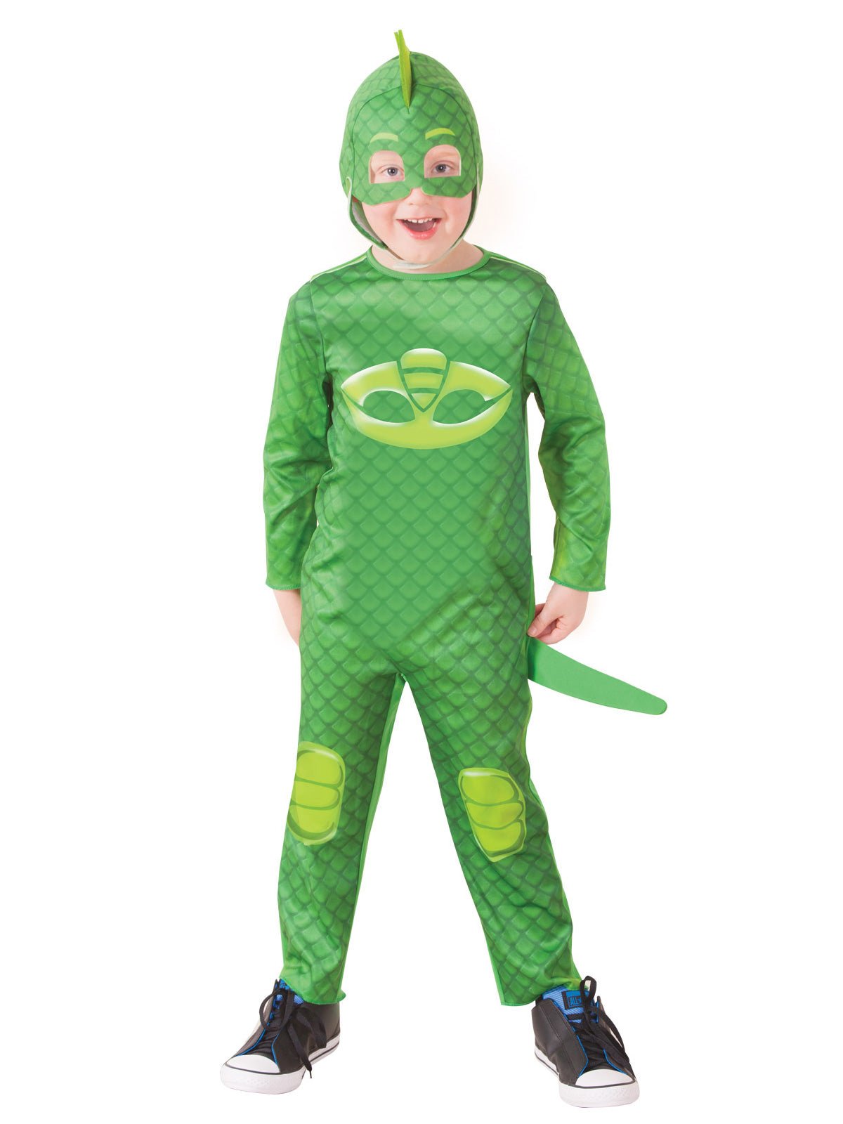 Green PJ Masks Gekko costume features a jumpsuit with 3D reptile fin for superhero role-play adventures.