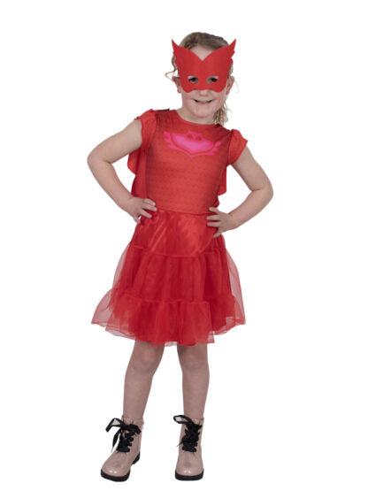 PJ Masks Owlette costume features a vibrant pink tutu dress and detachable cape for superhero playtime fun.