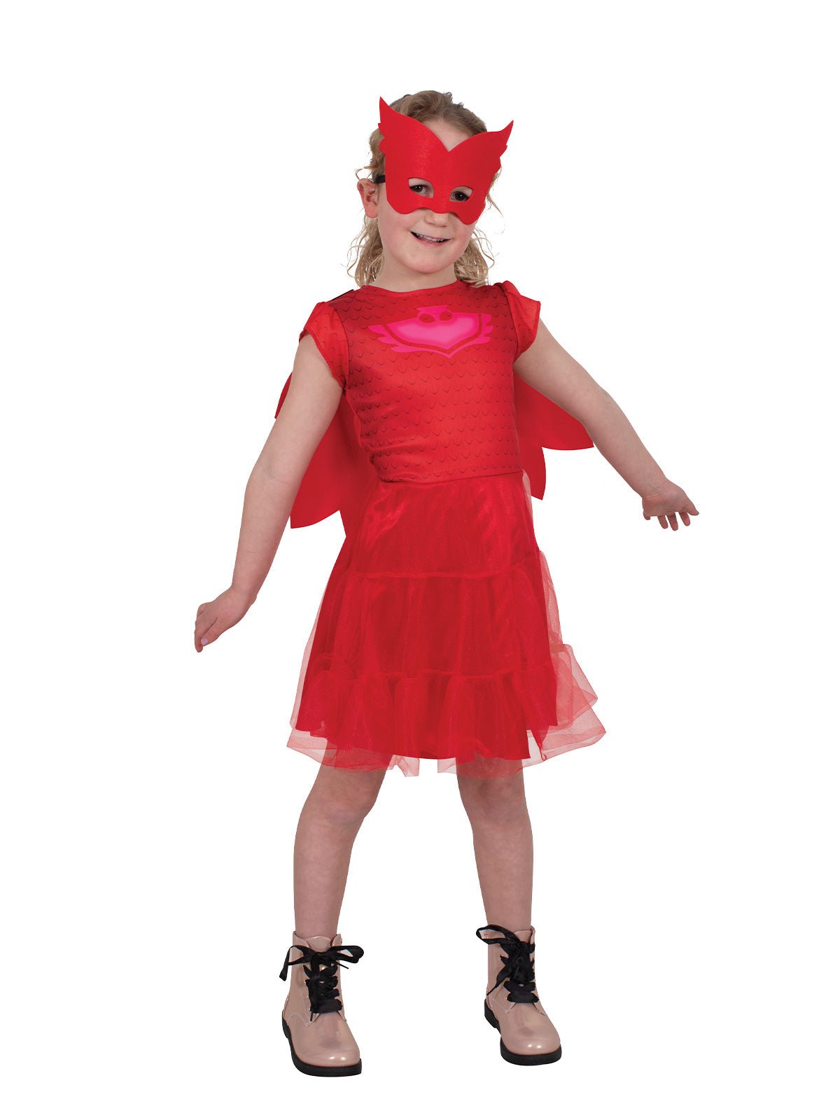 PJ Masks Owlette costume features a vibrant pink tutu dress with attached cape for superhero playtime fun.