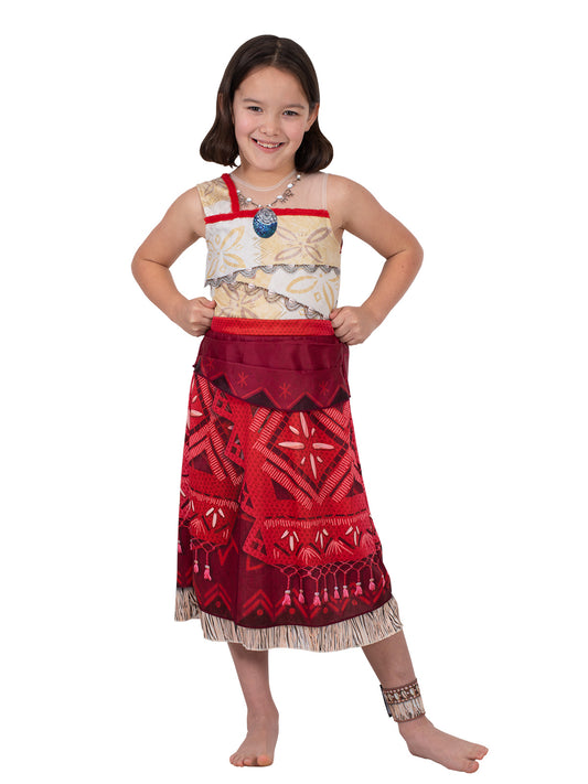 Authentic Moana 2 Disney costume features vibrant Polynesian-inspired dress with detailed tropical patterns for magical