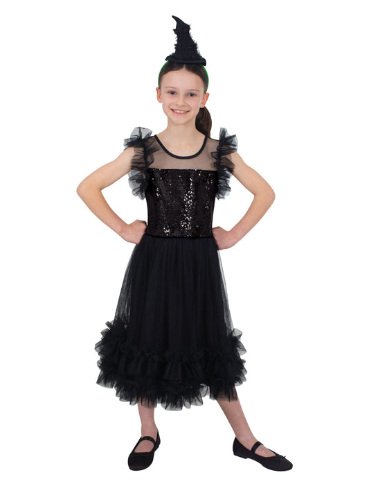 Kids Elphaba costume featuring sequin bodice and frilly layers.