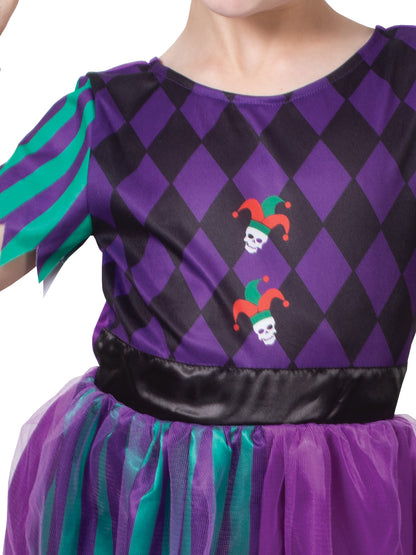 Colorful Harlequin Jester Costume for girls, ideal for playful dress up at home.