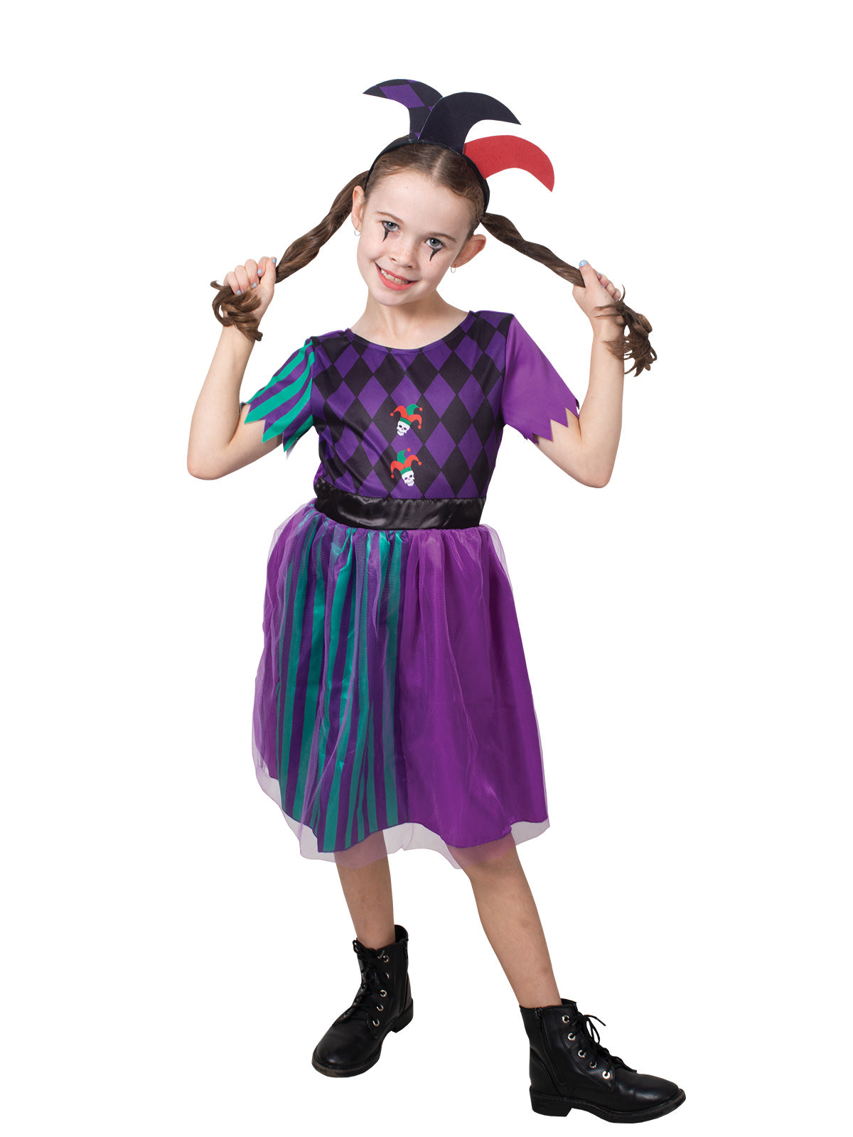 Colorful Harlequin Jester Costume for kids, perfect for imaginative play at home.