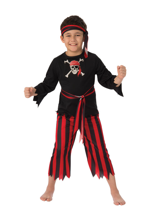 Child wearing a pirate costume with black shirt, red bandana, and striped pants on a white background.