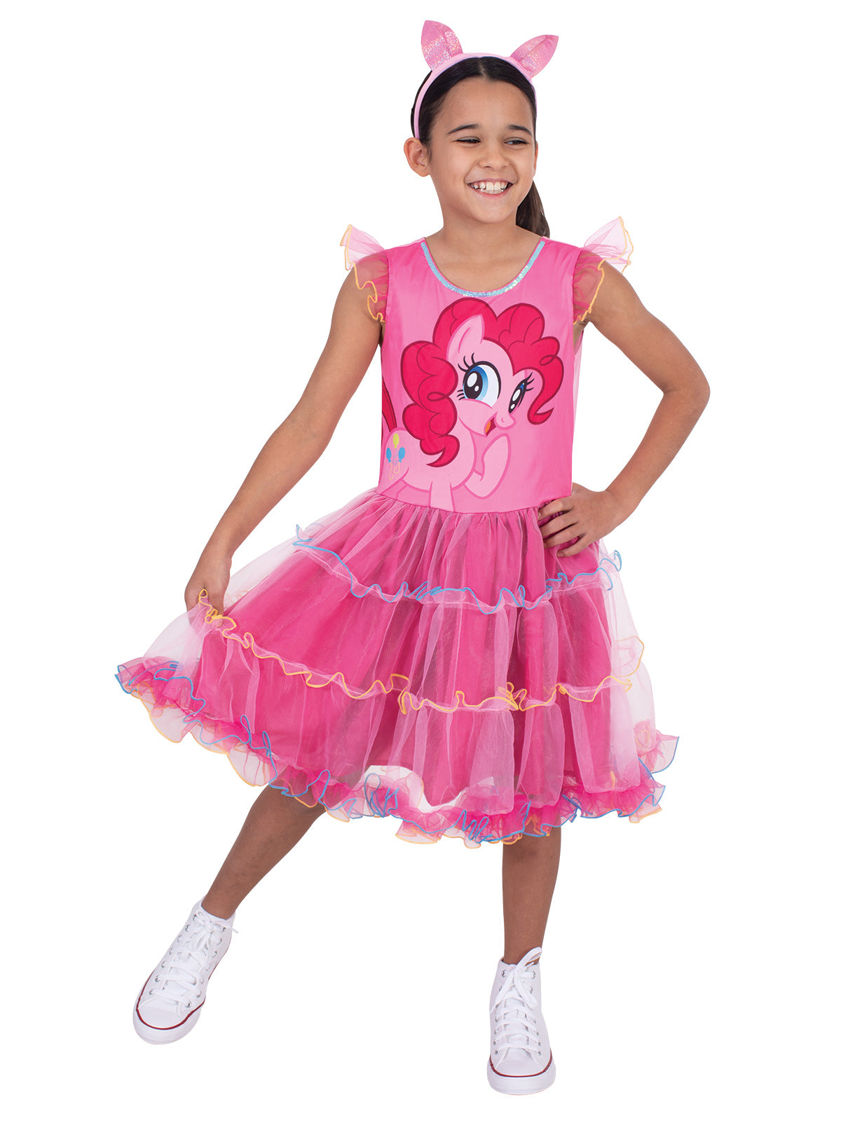 Pinkie Pie costume features pink dress, wig, and cutie mark, perfect for My Little Pony fans.