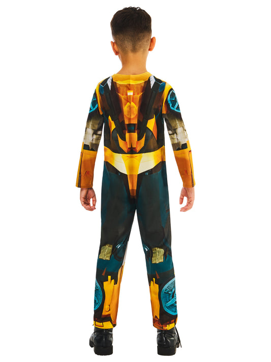 Vibrant yellow Bumblebee Transformers costume features jumpsuit and mask, perfect for roleplay and Halloween fun.