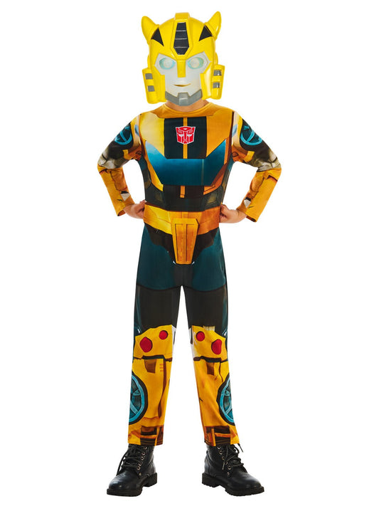 Bumblebee Transformers costume features a vibrant yellow jumpsuit and mask, perfect for young fans imaginative play and