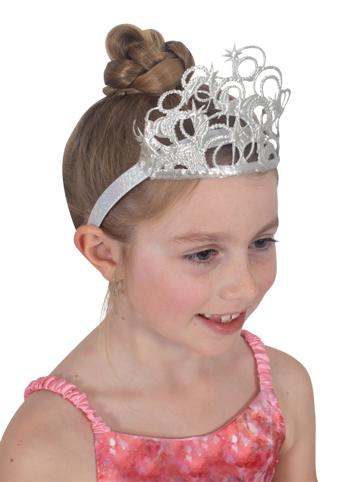 Ornate silver Glinda tiara with star design, perfect for Wicked-inspired costumes and magical play.