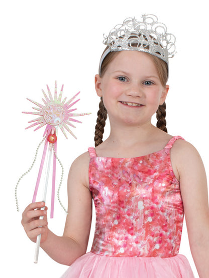 Pink Glinda wand features a shimmery orb, perfect for magical costume play and Wicked-inspired performances.