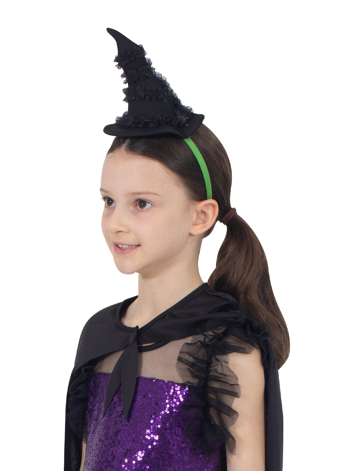 Black mini witch hat headband inspired by Elphaba from Wicked, perfect for Halloween costumes or theater productions.