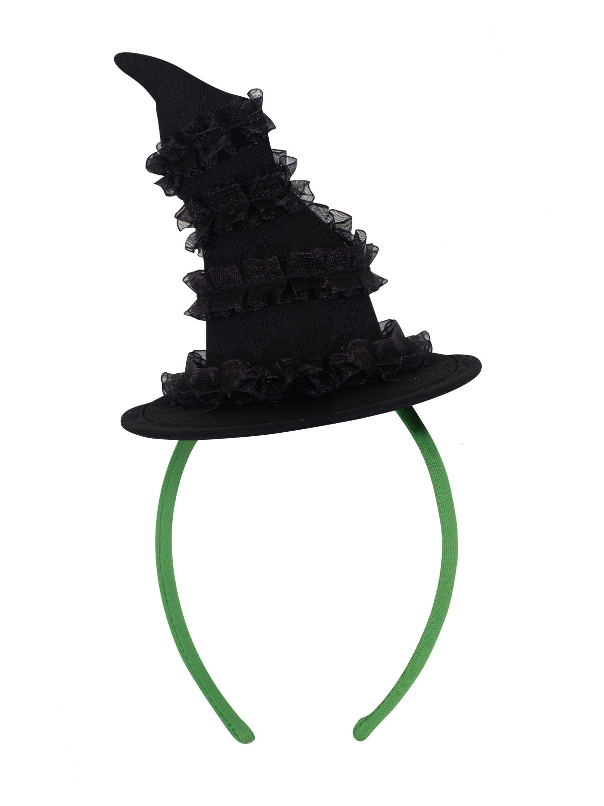 Black mini witch headband inspired by Elphaba from Wicked, perfect for Halloween costumes or theatrical performances.