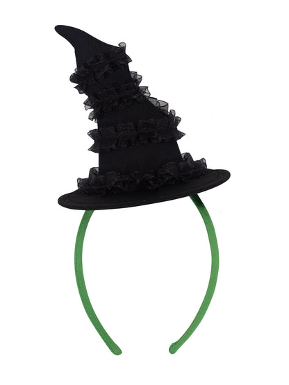 Black mini witch headband inspired by Elphaba from Wicked, perfect for Halloween costumes or theatrical performances.