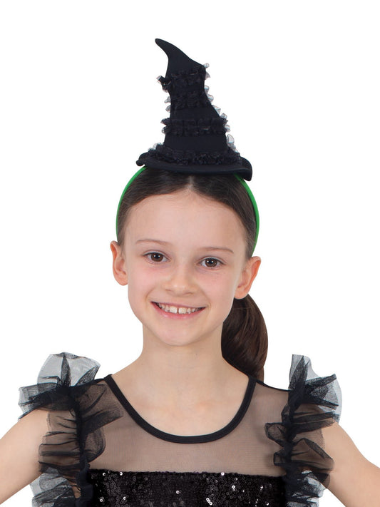 Black mini witch hat headband inspired by Wickeds Elphaba, perfect for quick and stylish Halloween costumes.