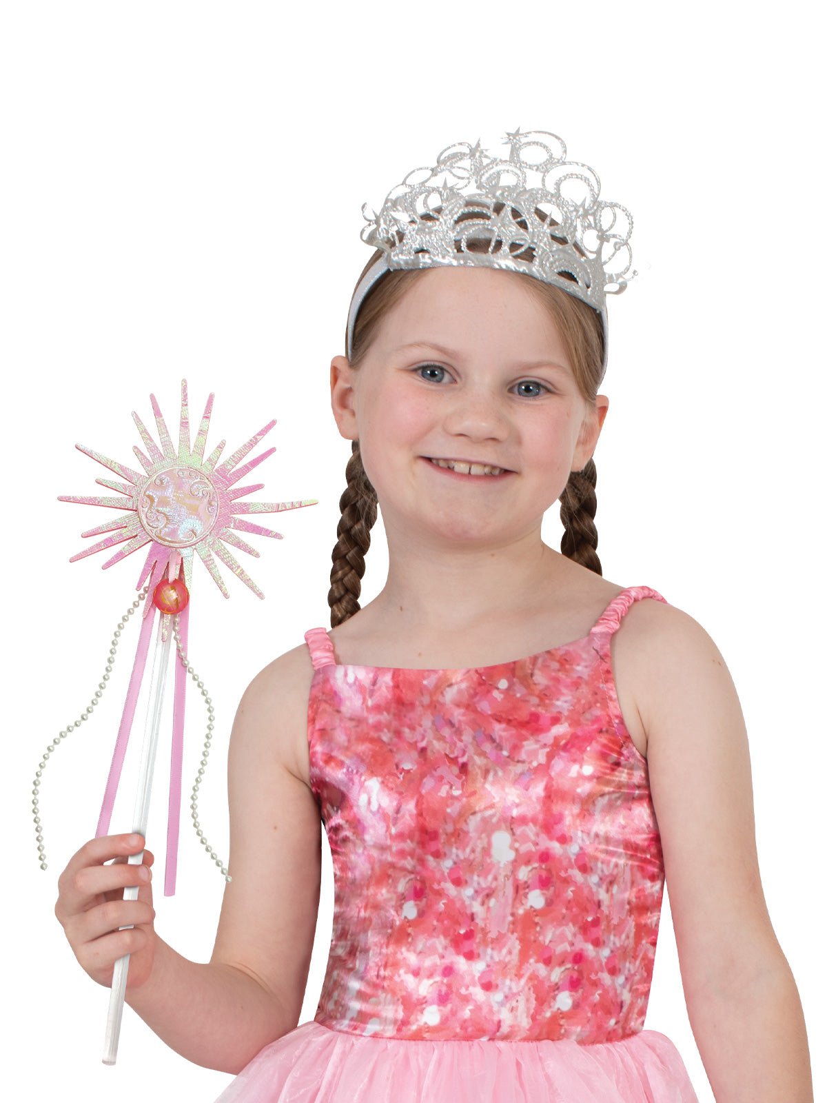 Glindas magical wand and tiara set features sparkling pink and silver designs for enchanting Oz-inspired costumes.