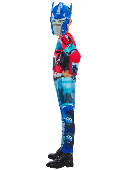 Optimus Prime costume for children features iconic red and blue design, allowing kids to transform into the heroic.