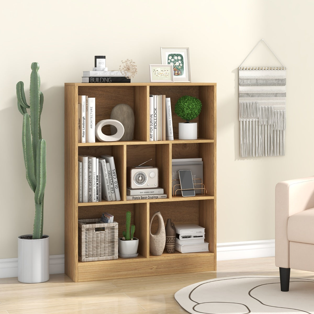 Costway 7-Cube Bookshelf with 2 Anti-Tipping Kits for Living Room Bedroom Kid’s Room-Natural