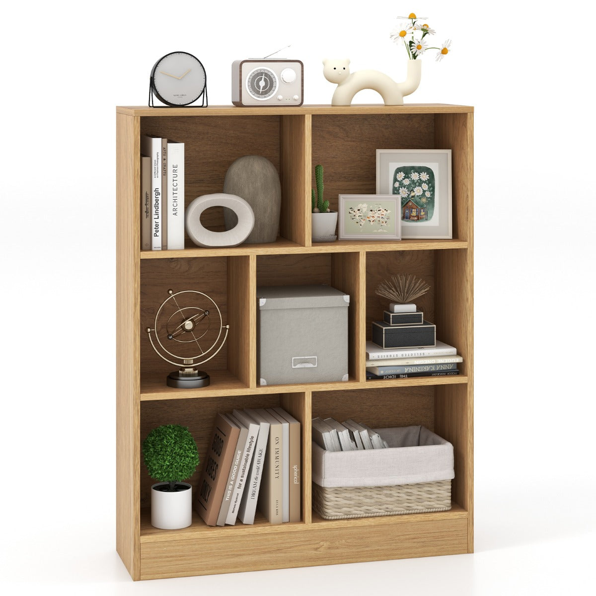 7 Cube Bookshelf | Natural Wood Display Shelf with Open Storage