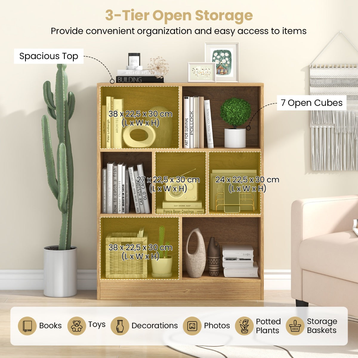 7 Cube Bookshelf | Natural Wood Display Shelf with Open Storage