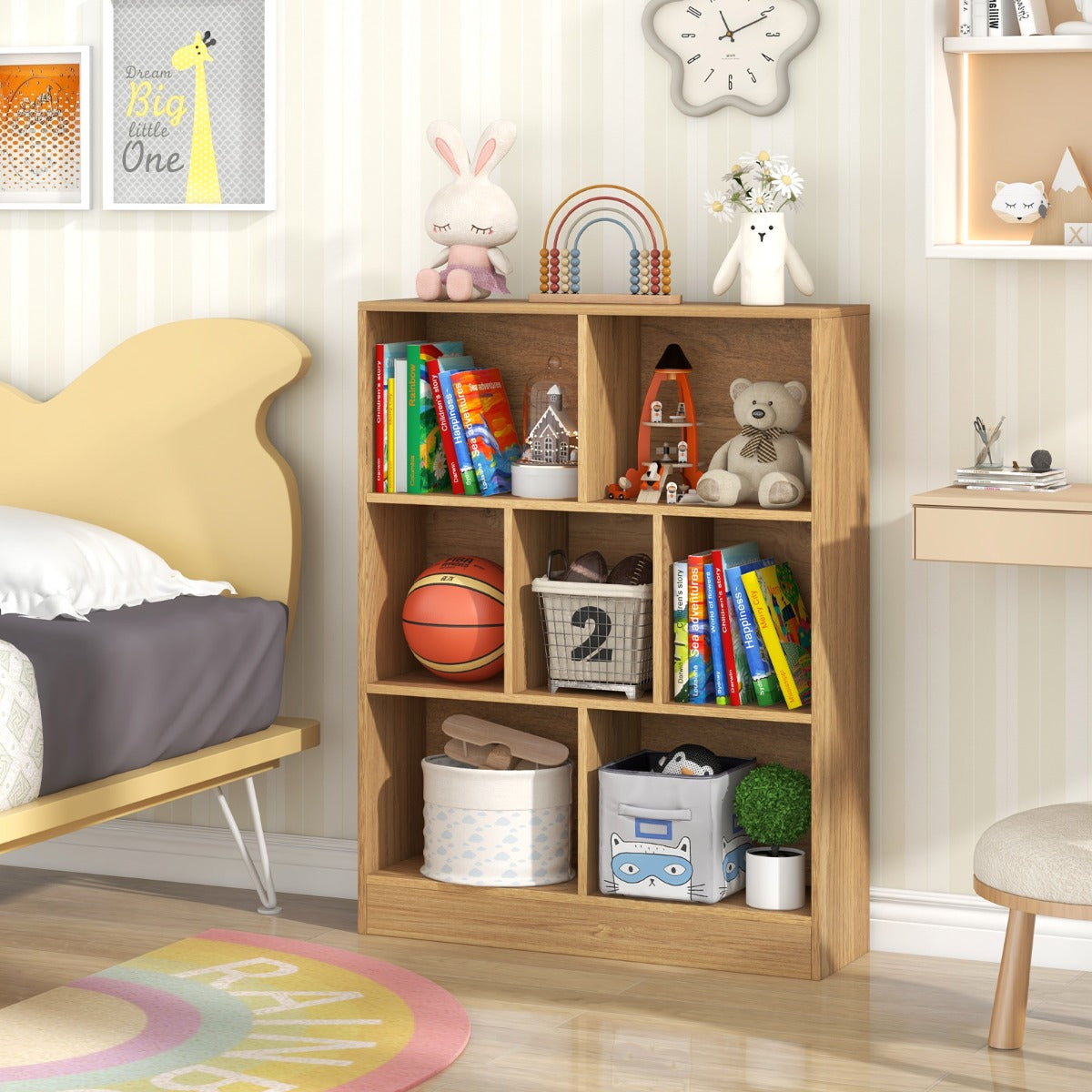 7 Cube Bookshelf | Natural Wood Display Shelf with Open Storage