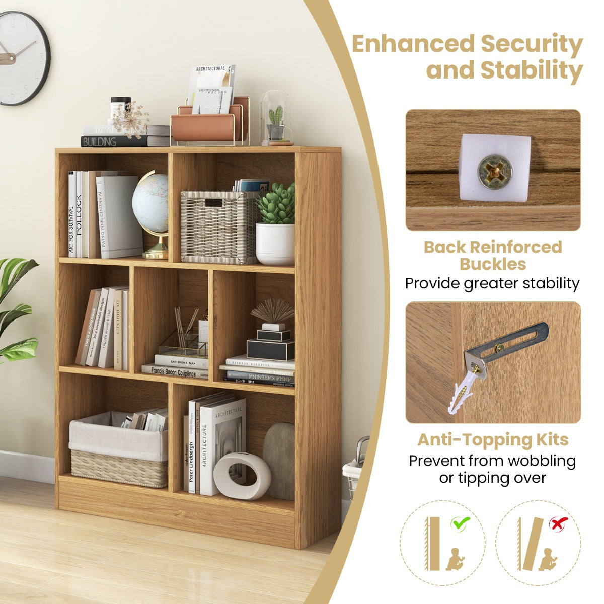 7 Cube Bookshelf | Natural Wood Display Shelf with Open Storage