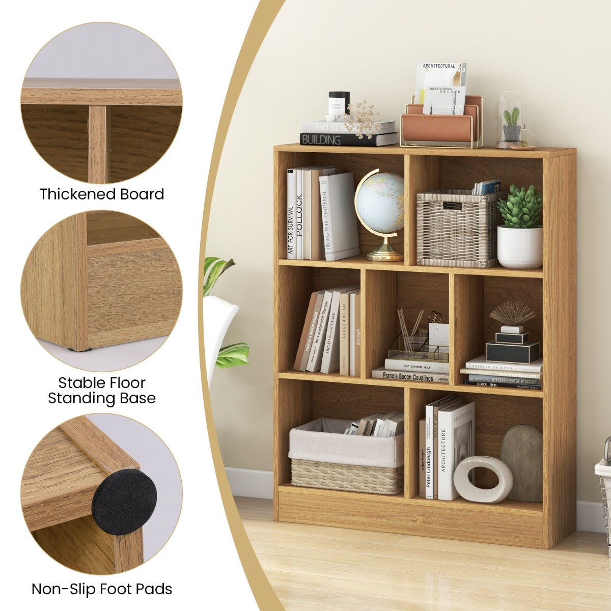 7 Cube Bookshelf | Natural Wood Display Shelf with Open Storage