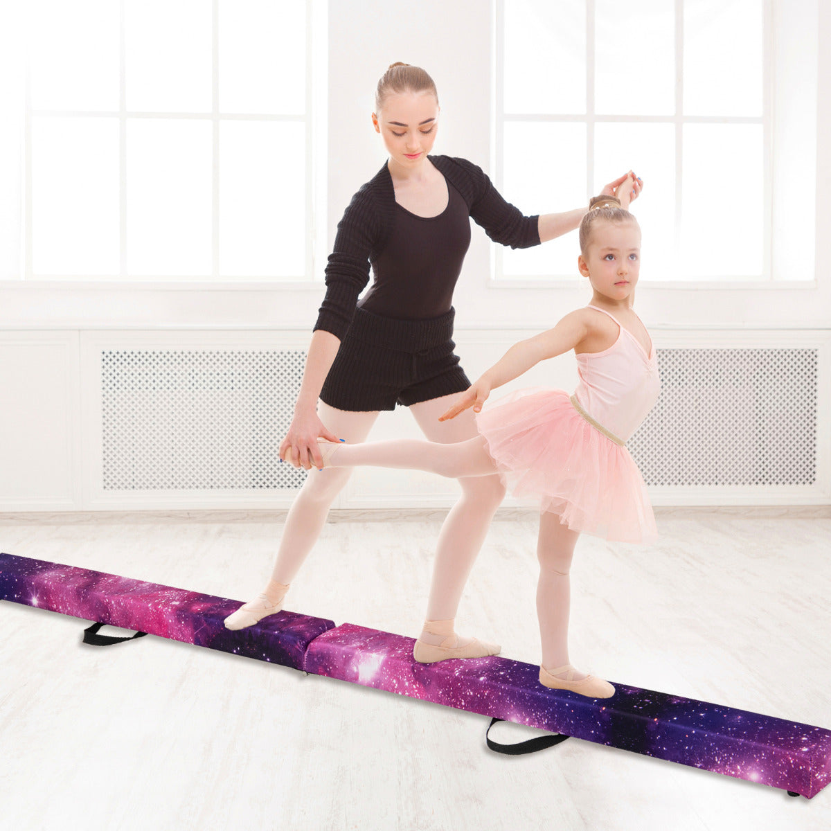 7ft Folding Balance Beam | EPE Foam Wood Base | Pink Blue Black