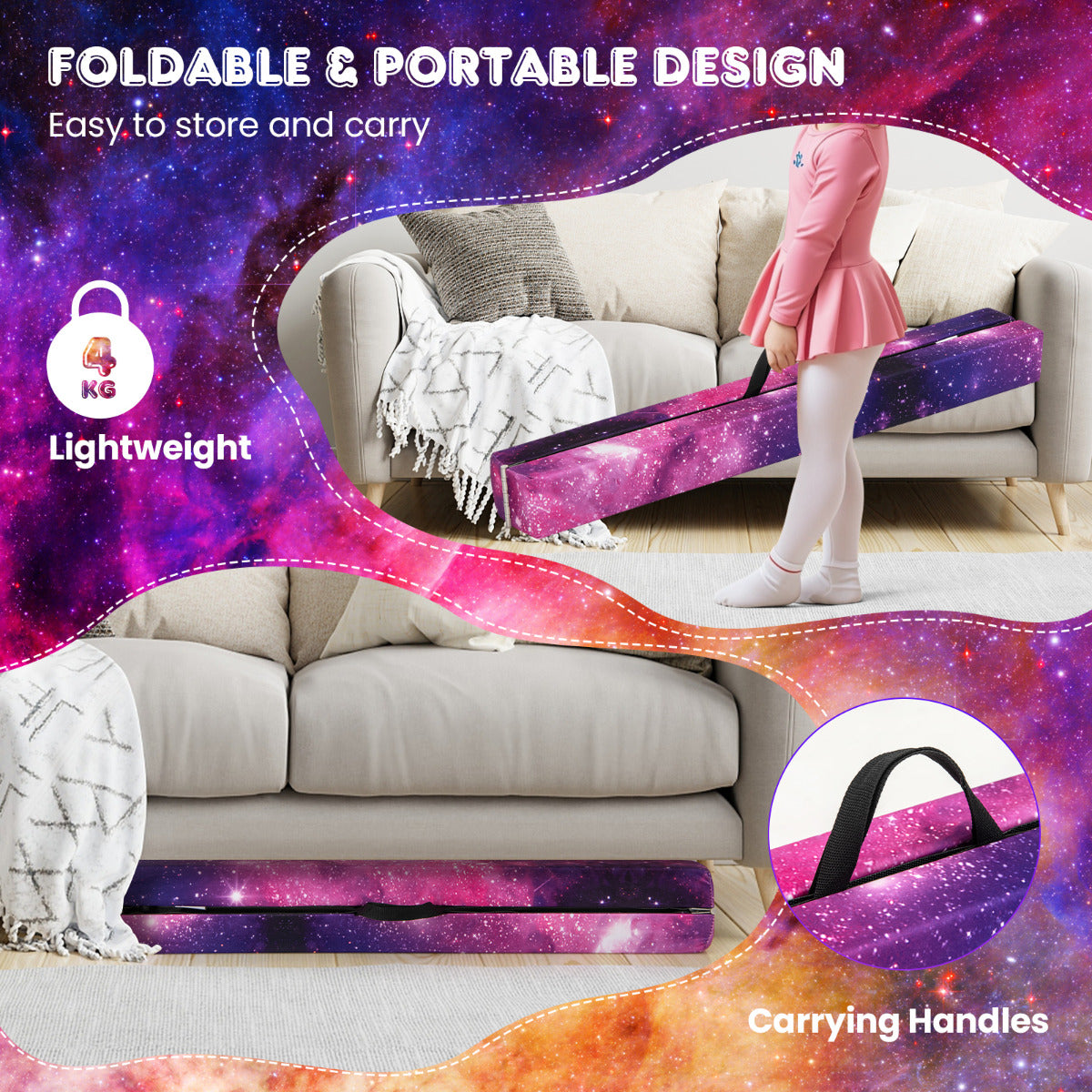 7ft Folding Balance Beam | EPE Foam Wood Base | Pink Blue Black
