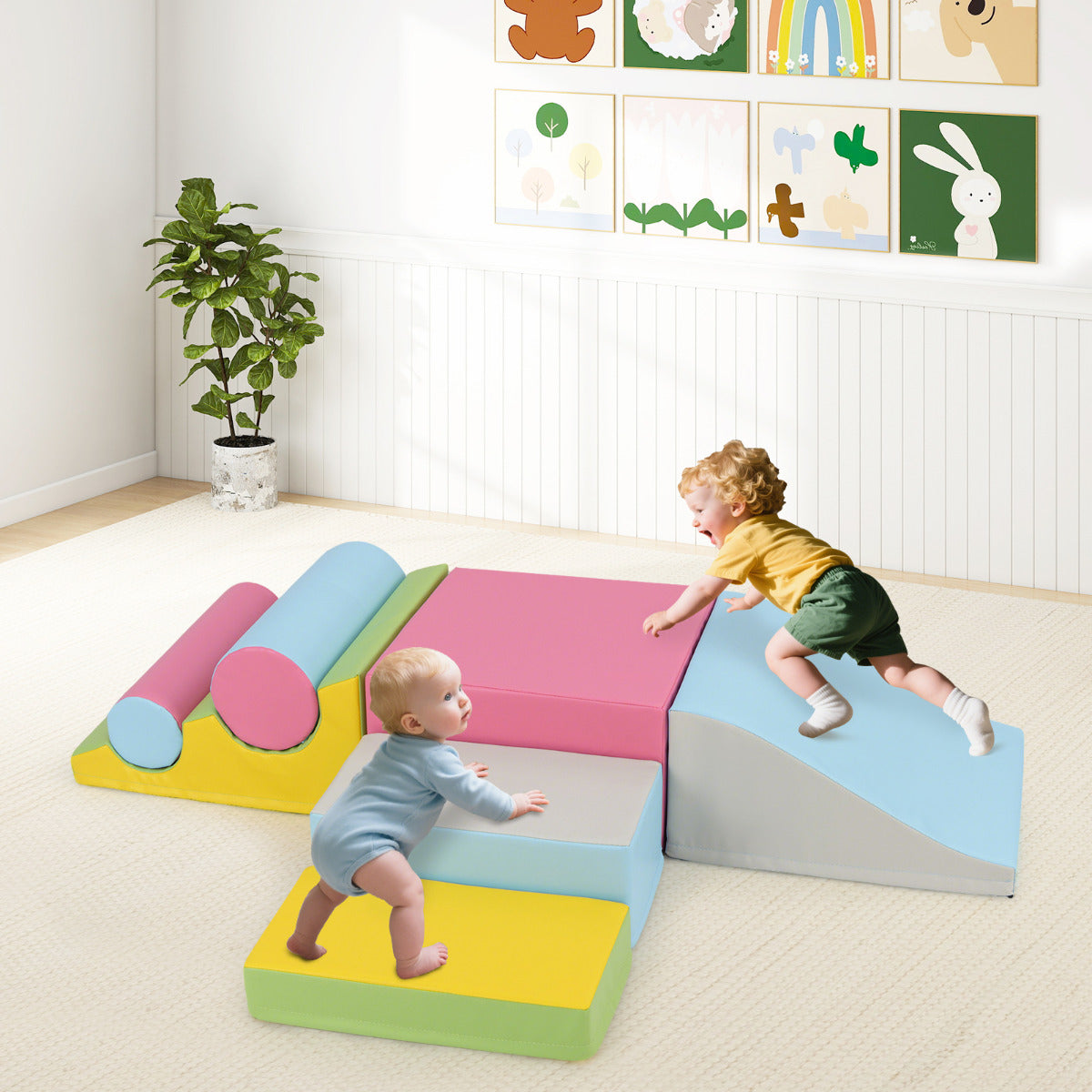 7 Pieces Foam Building Blocks Set for Kids Creative Learning Toy Set-Pink