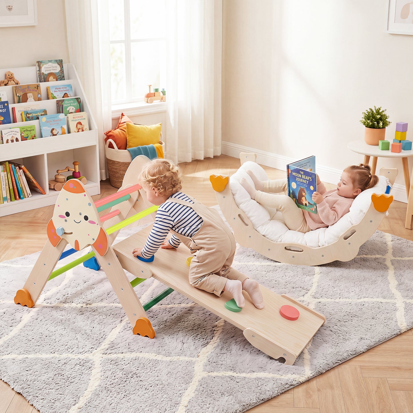Costway 8-in-1 Pikler Triangle Set Rocket Themed for Kids 1+ Foldable with Cushion-Color