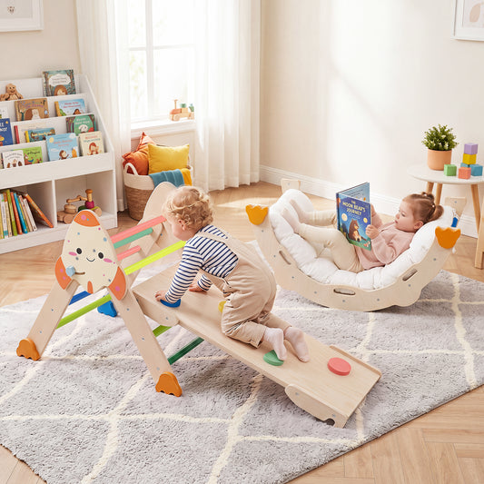 Costway 8-in-1 Pikler Triangle Set Rocket Themed for Kids 1+ Foldable with Cushion-Color