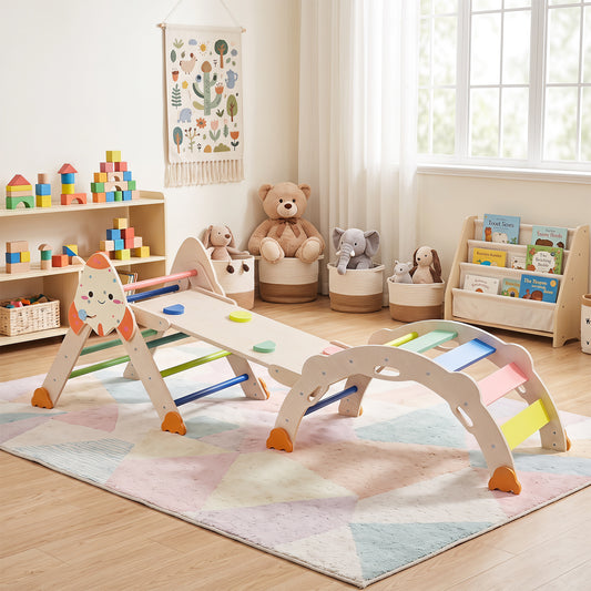 8 In 1 Pikler Triangle Set | Rocket Themed Foldable Climber With Cushion