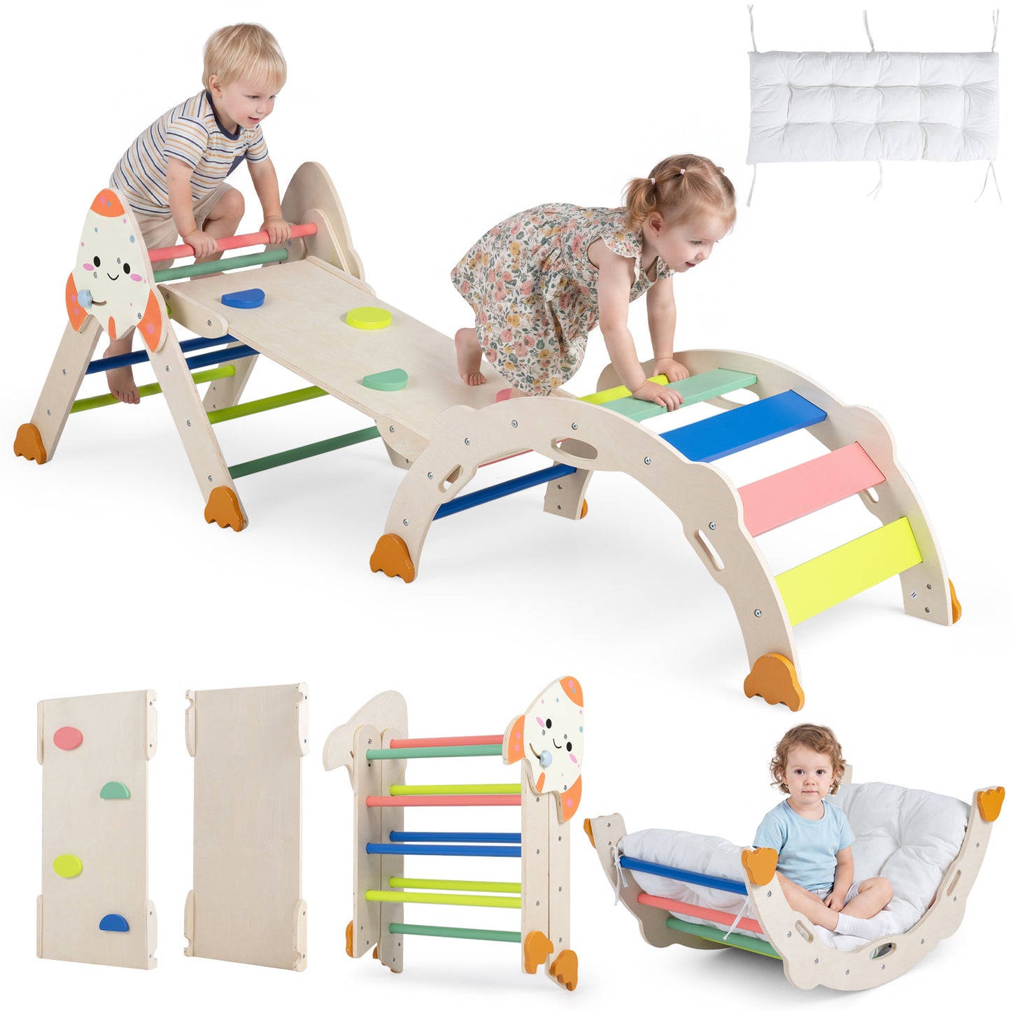 8 In 1 Pikler Triangle Set | Rocket Themed Foldable Climber With Cushion