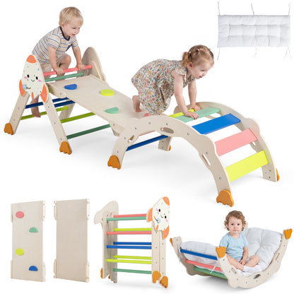 8 In 1 Pikler Triangle Set | Rocket Themed Foldable Climber With Cushion