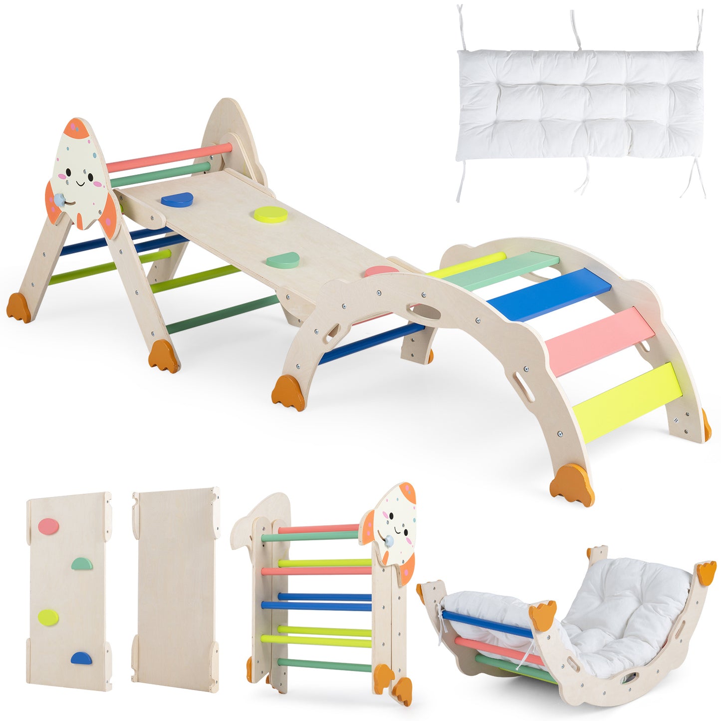 8 In 1 Pikler Triangle Set | Rocket Themed Foldable Climber With Cushion