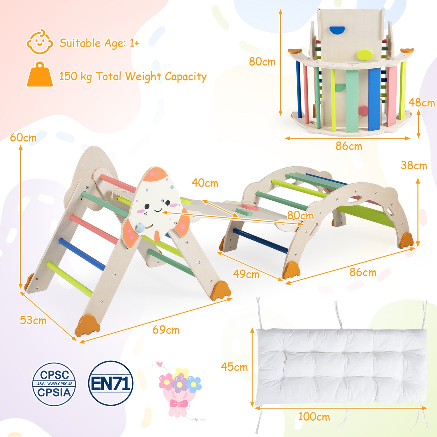 8 In 1 Pikler Triangle Set | Rocket Themed Foldable Climber With Cushion