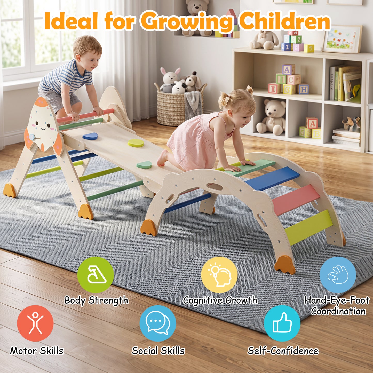 8 In 1 Pikler Triangle Set | Rocket Themed Foldable Climber With Cushion