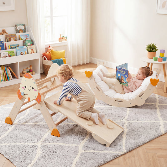 Costway 8-in-1 Pikler Triangle Set Rocket Themed for Kids 1+ Foldable with Cushion-Natural