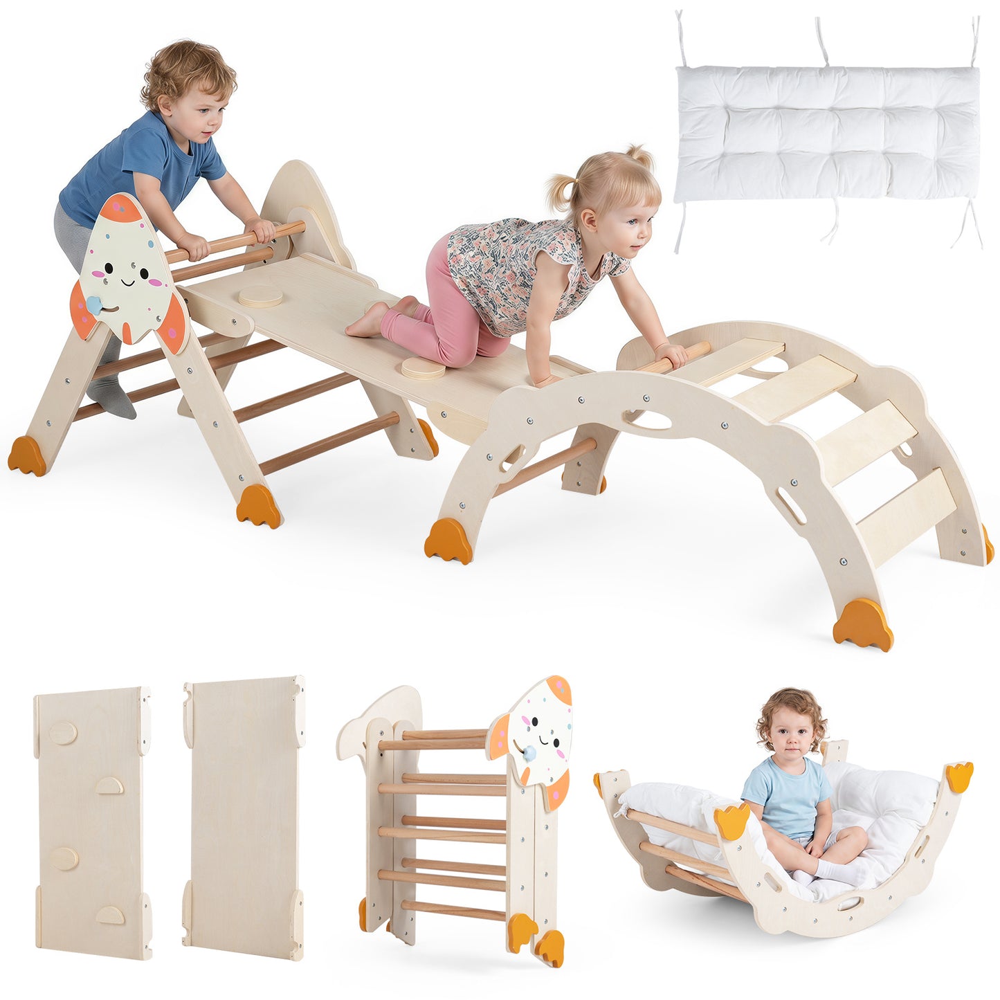 8 In 1 Natural Pikler Triangle Set | Rocket Themed Foldable Climber