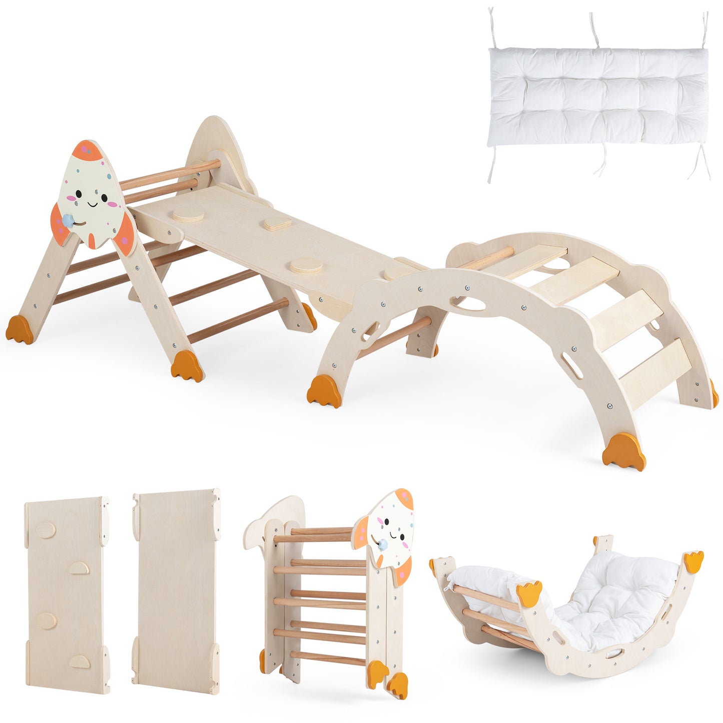 8 In 1 Natural Pikler Triangle Set | Rocket Themed Foldable Climber