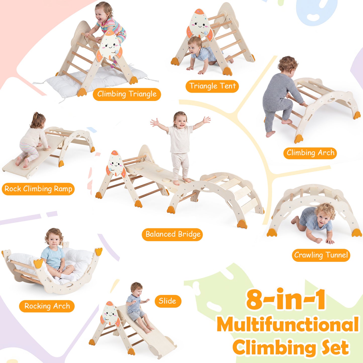 8 In 1 Natural Pikler Triangle Set | Rocket Themed Foldable Climber