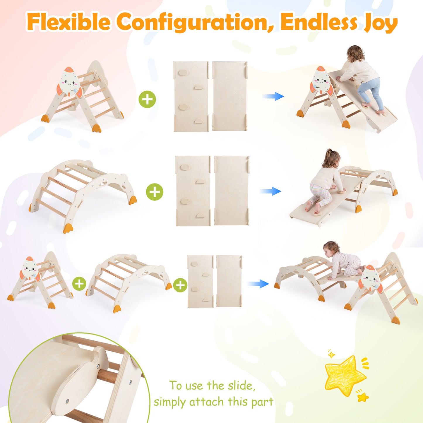 8 In 1 Natural Pikler Triangle Set | Rocket Themed Foldable Climber