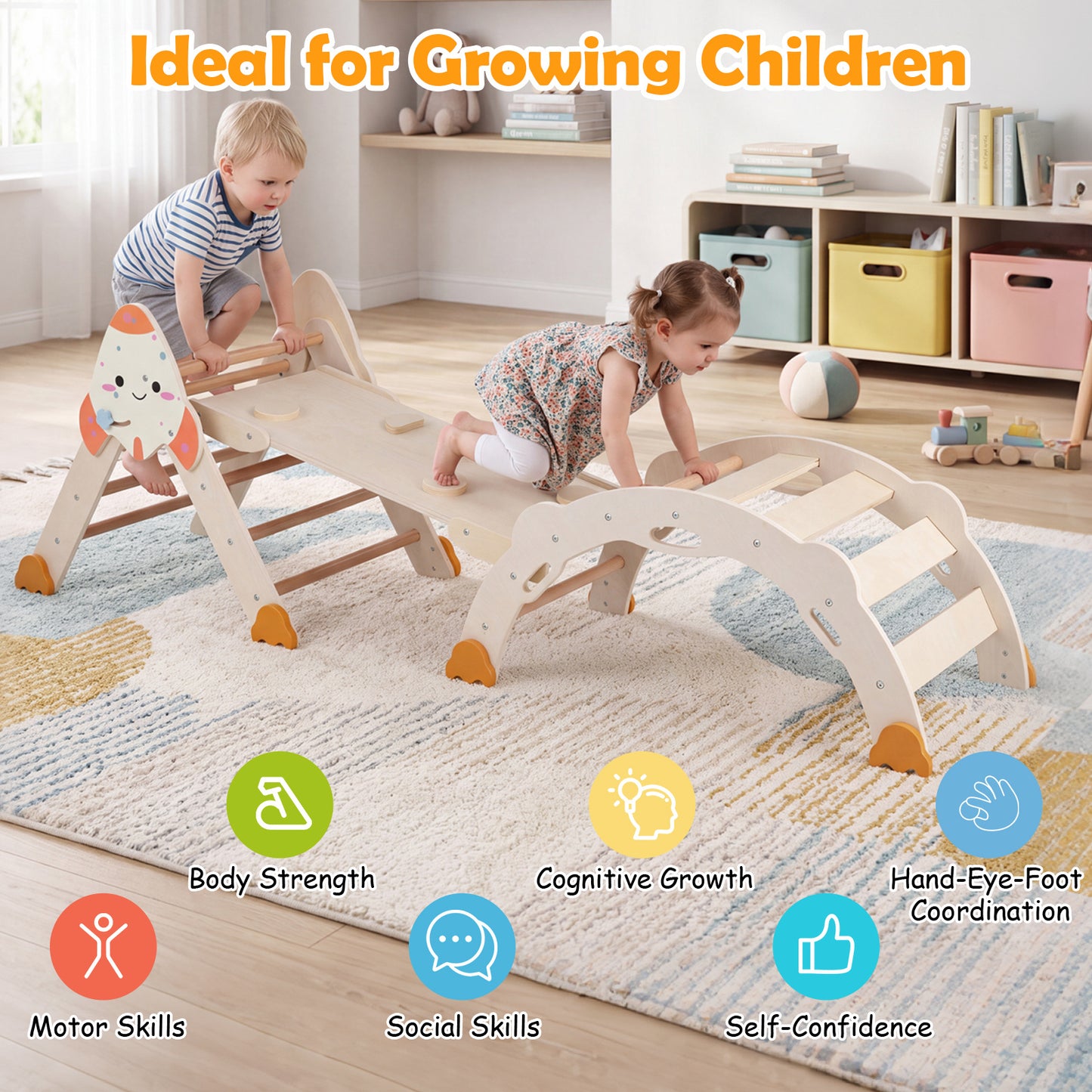 8 In 1 Natural Pikler Triangle Set | Rocket Themed Foldable Climber