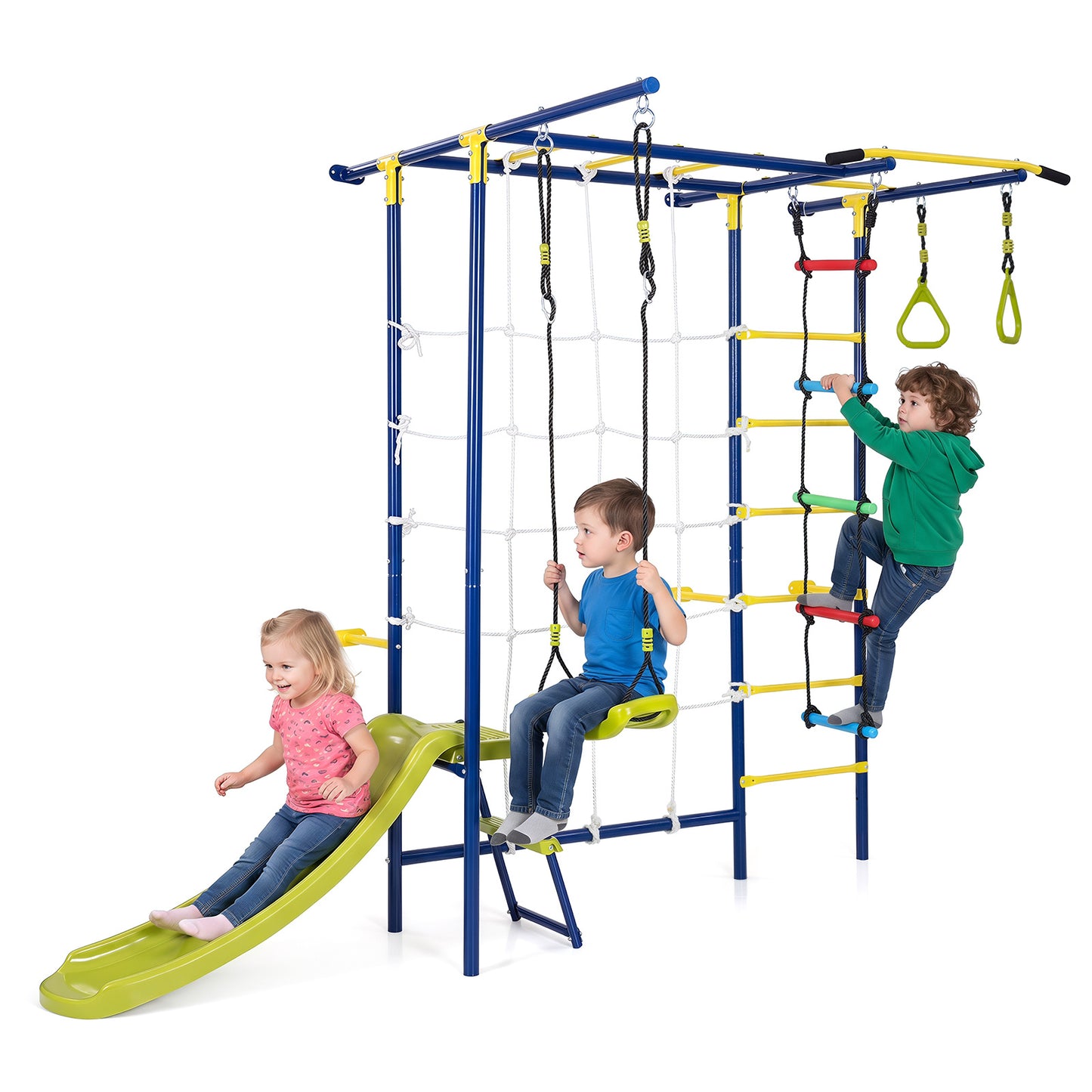 8-in-1 Blue & Red Wall Mount Indoor Jungle Gym | Kids Ages 3+