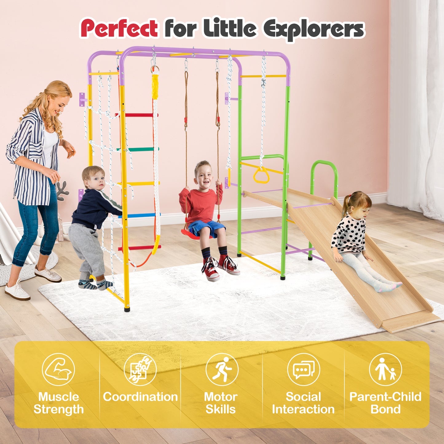 8 In 1 Metal Climbing Frame | Slide Swing Monkey Bars Multicolor