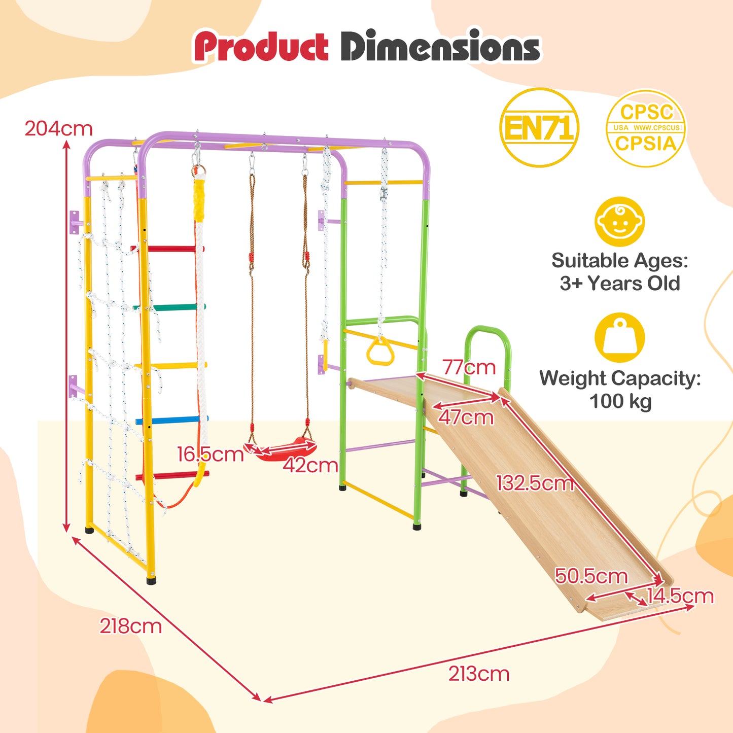 8 In 1 Metal Climbing Frame | Slide Swing Monkey Bars Multicolor