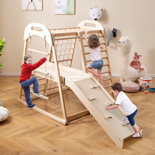 Costway 8-in-1 Jungle Gym Wooden Montessori Climber Playset with Slide-Natural